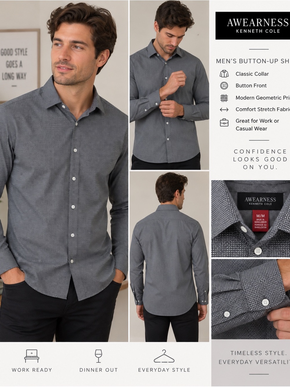Awearness Kenneth Cole Men’s Slim Fit Gray Geometric Button-Up Dress Shirt